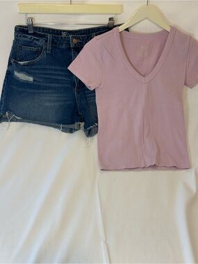 No Boundaries Size 13/Medium Denim Cuffed Shorts And Ribbed Lilac Top Outfit Set